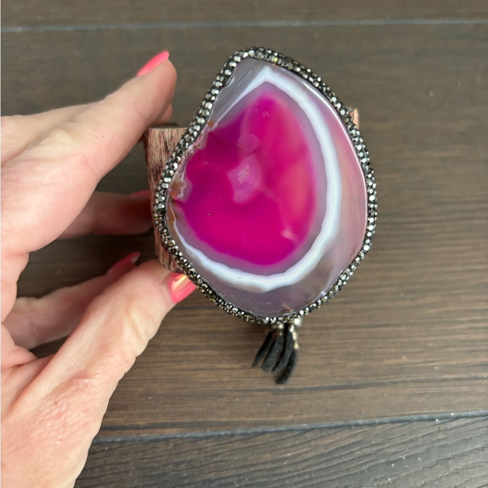 Fuschia stone and leather cuff by Sandra Ling, NEW